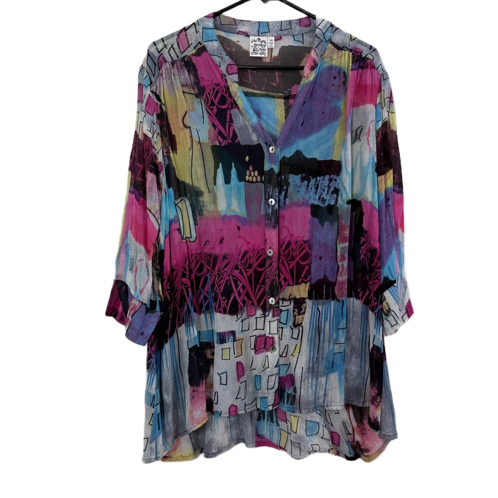 Parsley & Sage Top Womens 1X Button Up Long Sleeve Shirt Abstract Sheer Artsy